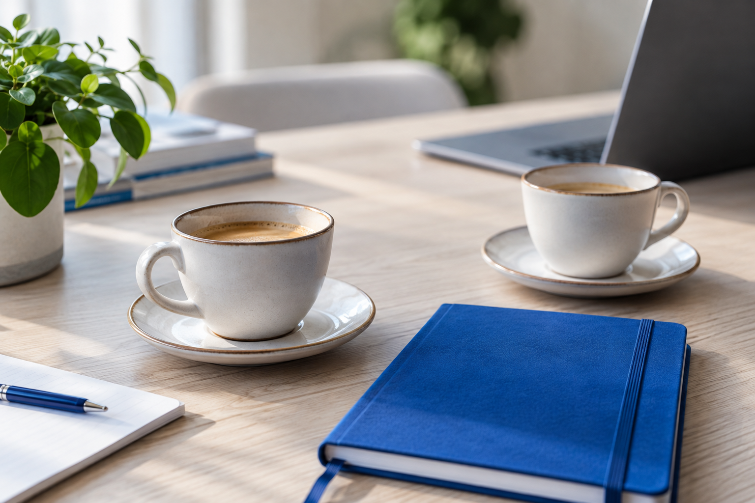 Twee koppen koffie op een lichte tafel, klaar voor een kennismaking
